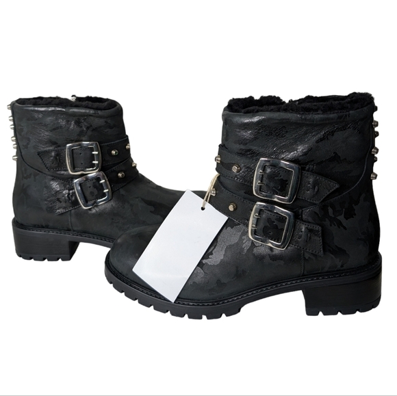 ROSS & SNOW STEFANA BLACK CAMO LEATHER MOTO BOOT SHEARLING ITALY.. Size..8.5 - Picture 2 of 9